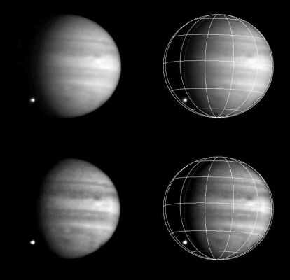 Shoemaker-Levy 9: the W-impact (2)
These four images of Jupiter and the luminous night-side impact of fragment W of Comet Shoemaker-Levy 9 are different versions of an average of 8 images taken by the Galileo spacecraft of July 22, 1994. 
The frames that were averaged span about 30" near 8:06 UT. 

These four "averaged" images show the scene without and with (top and bottom) spatial filtering and contrast enhancement, and without and with (left and right) a latitude/longitude grid. Grid spacing is 30 degrees, with 230° Longitude centered. The terminator is at about 265°. The impact location is about 43° South, as predicted, and at 280° Longitude. The dark spots to the right of the flash are from previous impacts.
Parole chiave: Comet Shoemaker-Levy 9