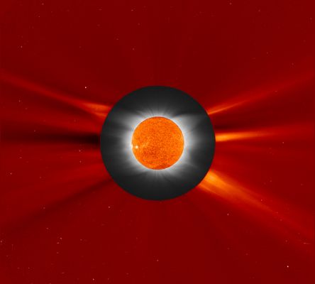 From Space, from Earth...
Da "NASA - Picture of the Day" del 31 Marzo 2006:"Neither rain, nor snow, nor dark of night can keep the space-based SOlar Heliospheric Observatory (SOHO) from watching the Sun. In fact, from its vantage point 150 MKM sunward of planet Earth, SOHO's cameras can always monitor the Sun's Outer Atmosphere, or Corona. 
But only during a total solar eclipse can earth-based observers see the lovely coronal streamers and structures - such as when the Moon briefly blocks the overwhelmingly bright solar surface. 
In this composite view, SOHO's uninterrupted view of the Solar Corona above the Solar Photosphere (center) and Corona far beyond the Sun's disk, are shown in orange hues. The middle, donut-shaped region is the Corona as recorded by the Williams College Eclipse Expedition to Kastelorizo Island, Greece during the March 29th, 2006 total solar eclipse. 
Merging ground and space-based views allows astronomers to trace features in the Corona that reach from just above the Sun's surface into the Solar Wind".
Parole chiave: The Sun from SOHO