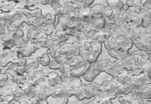 Summertime at the South Pole (1)
Caption originale NASA:"This MGS-MOC image shows an undulating scene in the South Polar Region of Mars. Small, elevated mesas of smooth, relatively homogeneous-appearing material are separated by low-lying regions that are speckled and darkened in some local areas. Over the Martian Summer months, sublimation of solid carbon dioxide — the bright material in the scene — contributes to the darkening of the sides of the mesas as well as the low-lying regions between them".

Location near: 86,8° South; 341,3°West
Image width: ~3 Km (~1,9 mi)  
Illumination from: upper left  
Season: Southern Summer
Parole chiave: Mars from orbit - South Polar Features