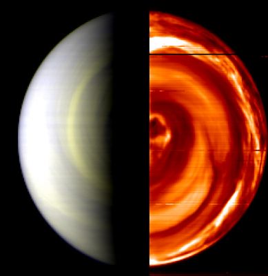 Hot vortex over Venus' South Pole
ESA's Venus Express has returned the first-ever images of the hothouse Planet’s South Pole from a distance of 206.452 Km, showing surprisingly clear structures and unexpected detail. The images were taken on April 12, 2006, during the spacecraft’s initial capture orbit after successful arrival on the 11th.
Engineers have lost no time in switching on several of the instruments and yesterday the VMC (Venus Monitoring Camera) and VIRTIS (Visible and Infrared Thermal Imaging Spectrometer) imaged, for the first time in space history, the Southern Hemisphere of Venus as the spacecraft passed below the Planet in an elliptical arc. 
Scientists are especially intrigued by the dark vortex shown almost directly over the South Pole, a previously suspected but until now unconfirmed structure that corresponds to a similar cloud structure over the North Pole. “Just one day after arrival, we are already experiencing the hot, dynamic environment of Venus” said Dr Hakan Svedhem, Venus Express project scientist“. 
“We will see much more detail at an unprecedented level as we get over 100 times better resolution as we get closer to Venus, and we expect to see these spiral structures evolve very quickly.”
Parole chiave: Venus