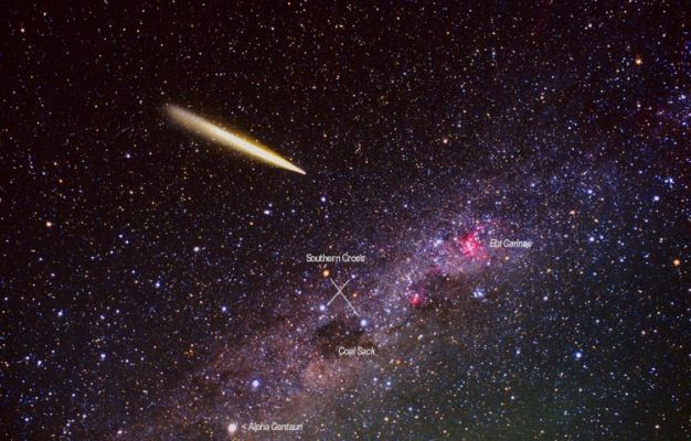 The Southern Cross
"...There are, doubtless, many different kinds of sounds in the World, and nothing is without sound..."

- 1 Corinthians, 14:10

Caption NASA:"This stunning view of dark skies over Western Australia highlights wonders of the Southern Milky Way - including the famous Southern Cross, the dark Coal Sack Nebula and bright reddish emission regions surrounding massive star Eta Carinae. Recorded at about 2 am, the thirty minute long color film exposure also captured a bright but mysterious object that moved slowly across the sky for over an hour. Widely seen, the object began as a small point and expanded as it tracked toward the North (left), resulting in a comet-like appearance in this picture. 
What was it? Reports are now identifying the mystery glow with a plume from the explosion of a malfunctioned Russian rocket stage partially filled with fuel. The rocket stage was marooned in Earth orbit after a failed communication satellite launch almost a year ago on February 28, 2006".
Parole chiave: From Earth Pictures - Amatorial Pictures