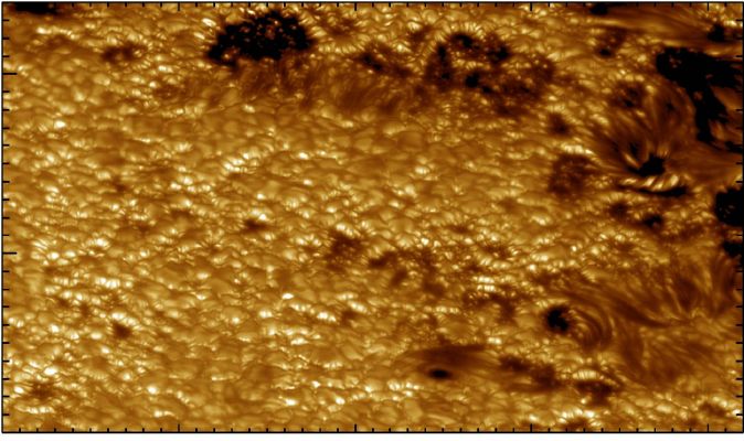 The "bubbling" surface of the Sun in 3D
Caption NASA originale" How smooth is the Sun? The new Swedish 1-m Solar Telescope, deployed in the Canary Islands in 2002, allows imaging of objects less than 100-Km across on the Sun's surface. When pointed toward the Sun's edge, surface objects now begin to block each other, indicating true three-dimensional information. Close inspection of the image reveals much vertical information, including spectacular light-bridges rising nearly 500 Km above the floor of sunspots near the top of the image. Also visible in the above false-color image are hundreds of bubbling granules, each about 1000 Km across, and small bright regions known as "faculae".
Parole chiave: The Sun