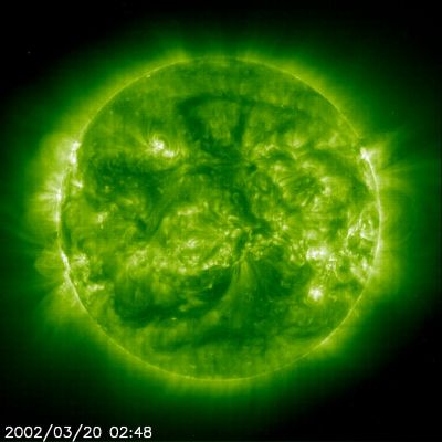 The Sun during the 2002 Equinox
Caption NASA originale:"The active Sun near the March Equinox, the beginning of Autumn in the south and Spring in the northern hemisphere. Recorded in a band of extreme ultraviolet light emitted by highly ionized iron atoms, the Sun's upper atmosphere (or solar corona) shines with an array of active regions and plasma loops suspended in magnetic fields. The bright coronal structures and loops seen here have temperatures of about 1.500.000° K".
Parole chiave: The Sun