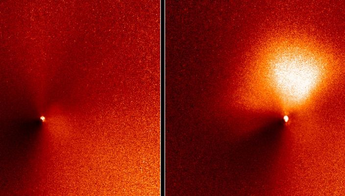 Deep Impact from HST
La NASA - anzi: l'attuale Amministrazione USA - dunque, ce l'ha fatta: per festeggiare il 4 di Luglio, dato che la siccità domina in quasi tutti gli Stati Uniti ed i "fireworks" sono stati vietati, i fuochi artificiali si è pensato bene di andare a farli nello Spazio.  Abbiamo letto i commenti della Dott.ssa M. Hack su questo evento e, sebbene le sue motivazioni sul fatto che sia stata una cattiva idea sono diverse dalle nostre, per stavolta ci troviamo in sostanziale sintonia con quanto espresso da questo 'Monumento Vivente' della divulgazione scientifica in Italia. Però il punto nodale di tutta le questione è, a nostro parere, un altro: quando la Francia, in passato, ha utilizzato Mururoa come poligono nucleare, il Mondo si è indignato, ma l'esperimento è stato eseguito lo stesso. Ora sembra che qualcuno abbia deciso di inziare a fare esperimenti 'sparando addosso' a corpi celesti ed il fatto che non sia stata usata (ancora...) una testata nucleare, secondo noi, non rende il fatto meno grave.
Parole chiave: Hubble Images - Comet Tempel-1