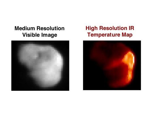 The "Sunny Side" of Comet Tempel-1
Caption originale:"This image composite shows comet Tempel 1 in visible (left) and infrared (right) light. The infrared picture highlights the warm, or sunlit, side of the comet, exactly where NASA's Deep Impact probe hit. These data were acquired about six minutes before impact. 
The visible image was taken by the medium-resolution camera on the mission's flyby spacecraft, and the infrared data were acquired by the flyby craft's infrared spectrometer".
Parole chiave: Comet Tempel-1