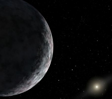 The 10th Planet? (3)
Da "NASA - Picture of the Day", del 1mo Agosto 2005:"Has a tenth planet been discovered? A newly discovered object, designated 2003 UB313 and located more than twice the distance of Pluto, is expected to be at least as large as Pluto and probably larger, given current measurements. 2003 UB313's dimness and highly tilted orbit (44°) prevented it from being discovered sooner. Many astronomers speculate that numerous other icy objects larger than Pluto likely exist in the Kuiper Belt of the far distant Solar System. If so, and if some are found closer in than 2003 UB313, it may be premature to call 2003 UB313 the tenth planet. Illustrated above is an artist's drawing showing what 2003 UB313 might look. The unusually bright star on the right is the Sun. Much of the world eagerly await the decision by the International Astronomical Union on whether 2003 UB313 will be designated a planet or given a name without subscripts".
Parole chiave: Artistic Views of the Solar System