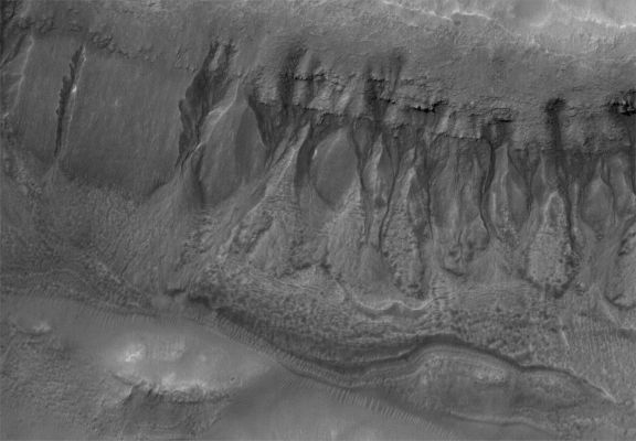 Gullies in Terra Cimmeria (Original RAW Frame)
Caption originale NASA:"This MGS-MOC image shows two suites of gullies within a single impact crater in the Terra Cimmeria Region. The gullies near the top of the image are located on the northern wall of the crater, while the lower suite resides on a lower bench in the crater's northern wall complex. Gully erosion has cut into the layered rock exposed on the crater wall. Water may have been involved in their formation". 

Location near: 38,2° South; 190,6° West
Image width: ~3 Km (~1,9 mi) 
Illumination from: upper left 
Season: Southern Summer
Parole chiave: Mars from orbit - Terra Cimmeria