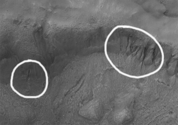 Gullies in Terra Cimmeria (Original RAW Frame)
Due splendide immagini che immortalano l'incredibile conformazione di questa Regione Marziana attraversata da canyons e crepacci. 
Nell'immagine precedente, fate attenzione a non confondere - come già fanno in molti, assecondando le "visioni" (questa volta detto in senso non positivo...) del Prof. Hoagland - i letti semi-fangosi ed in parte sabbiosi di antichi fiumi e torrenti, ora ricoperti di Side-Winders (ossìa delle dune dalle forme sinuose le quali ricordano le tracce lasciate sulle sabbie da un particolare tipo di serpente) con gli ormai - tristemente - famosi "translucent tunnels" (ossìa, secondo il Prof. Hoagland ed i suoi adepti) delle costruzioni in simil-plexiglas o in cristallo, del tutto analoghe ai nostri tunnels, ma con la variante che, su Marte, esse non servono ad attraversare le montagne, ma scorrono sulla superficie del Pianeta).

Cerchiature Bianche: non serve essere Geologi per vederlo: questi cracks sulla fiancata del rilievo maggiore inquadrato sono estremamente recenti.
Parole chiave: Mars from orbit - Terra Cimmeria