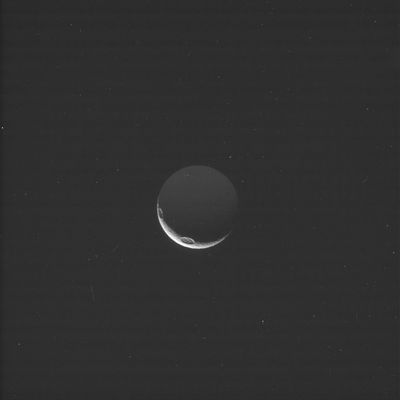 Crescent Tethys
Un'immagine di Tethys, ripresa da una distanza di circa 840.000 Km, che ci mostra, alla luce di un Sole lontano, solo una sottilissima falce della sua rocciosa superficie.
Ben visibile, comunque - poichè illuminata dalla luce di Saturno - la parte di Tethys immersa nella notte. 
A ridosso della Linea del Terminatore, due grandi crateri che, simili a degli occhi, sembrano scrutare le profondità del cielo.
Parole chiave: Saturn's Moons - Tethys