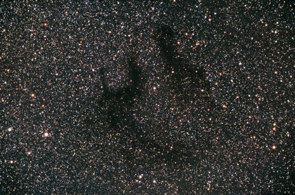 The Dark "E Nebula"
Several unusual strands of darkness are prominent toward the constellation of Aquila. This particular dark nebula is known as the "E Nebula", for its evocative shape, or B142 and B143, for its position(s) on a list of such nebula compiled by Barnard. The "E Nebula" spans roughly the angle of a full Moon and lies about 2000 Light Years distant. The nebula can be seen with binoculars and is particularly visible during the summer months in Earth's Northern Hemisphere. Other names for dark nebula include absorption nebula, as they efficiently absorb visible light emitted behind them, and molecular clouds, as they frequently attain temperatures low enough so that several different types of stable molecules can exist. The low temperatures of these interstellar clouds facilitate the formation of dense knots of gas that may then collapse into bright stars.
Parole chiave: From Earth Images