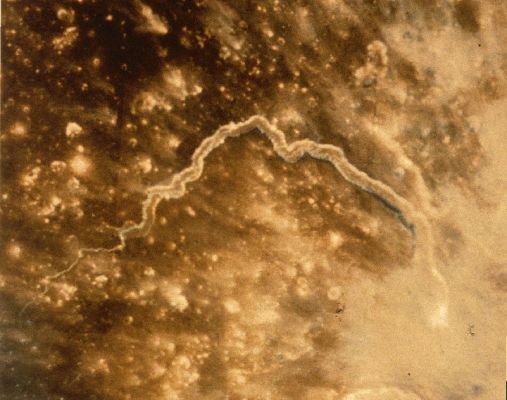 Schroteri Vallis from Clementine
Caption NASA originale:"Clementine color image of Vallis Schroteri, the largest known sinuous rille on the Moon. Located on the plateau of Aristarchus Crater, near 26° N, 309° E, Vallis Schroteri is about 160 Km long and up to 11 Km wide and 1 Km deep. Note the "cobra head" at the lower right, which is a vent marking the beginning of the rille. North is up (Clementine, USGS slide 8)".

Parole chiave: Moon from orbit