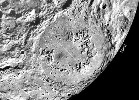 Schrodinger Impact Basin from Clementine
Caption NASA originale:"Clementine mosaic of the Schrodinger impact basin near the south pole of the Moon. The basin is 312 Km in diameter and centered at 67° S, 132° E. Note the smooth floor and the large inner ring. The dark area around the small crater just left of the center of the basin was probably caused by relatively recent volcanic ejecta. The South Pole is just off the upper left corner of the image (Clementine, USGS slide 18)".
Parole chiave: Moon from orbit