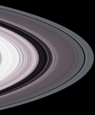The "Rings": the most spectacular view ever seen!
Specially designed Cassini orbits place Earth and Cassini on opposite sides of Saturn's rings, a geometry known as "occultation". Cassini conducted the 1st radio occultation observation of Saturn's Rings on May 3, 2005. 
Three simultaneous radio signals of 0,94; 3,6, and 13 cm wavelengths (Ka-, X-, and S-bands) were sent from Cassini through the rings to Earth. The observed change of each signal as Cassini moved behind the Rings provided a profile of the distribution of ring material as a function of distance from Saturn, or an optical depth profile. 
This simulated image was constructed from the measured optical depth profiles. It depicts the observed ring structure at about 10 Km in resolution. Color is used to represent information about ring particle sizes in different regions based on the measured effects of the 3 radio signals. Shades of purple, primarily over most of the inner ring (ring B) and the inner portion of the next ring (ring A), indicate regions where there is a lack of particles less than 5 centimeters (about 2 inches) in diameter. Green and blue shades indicate regions where there are particles of sizes smaller than 5 centimeters (2 inches) and 1 centimeter (less than one third of an inch), respectively, primarily in outer ring A and within most of ring C. From other evidence in the radio observations, all ring regions appear to be populated by a broad range of particle size distribution that extends to boulder sizes (several to many meters or yards across). 
Parole chiave: Saturn's Rings