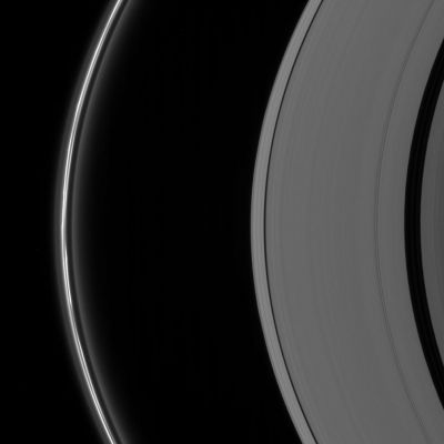 Gravitational Disturbances
Caption NASA originale:"The clumpy disturbed appearance of the brilliant F-Ring constantly changes. The irregular structure of the Ring is due, in large part, to the gravitational perturbations on the ring material by one of Saturn's moons, Prometheus (about 102 Km, or 63 miles across). 

Interior to the F-Ring, the A-Ring bears a striking resemblance to a classic grooved, vinyl record. Visible here are the Keeler Gap (about 42 Km, or 26 miles wide) and the Encke Gap (about 325 Km, or 200 miles wide). 

The image was taken using a spectral filter sensitive to wavelengths of infrared light centered at 862 nnmts. The view was acquired with the Cassini spacecraft narrow-angle camera on July 26, 2006 at a distance of approx. 1,5 MKM (about 900.000 miles) from Saturn and at a Sun-Saturn-spacecraft, or phase, angle of 141°. Image scale is roughly 8 Km (such as about 5 miles) per pixel".
Parole chiave: Saturn's Rings - The "A" Ring, the "F" Ring, the Keeler Gap and the Encke Gap