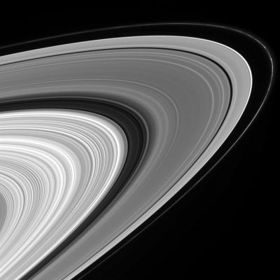 The Rings
Caption NASA originale:"This wide and sweeping view of the sunlit Rings of Saturn takes in the impressive variety in their structure -- from the clumpy and perennially intriguing F-Ring to the many waves, ringlets and gaps in the A and B Rings and the Cassini Division in between. 
The image was taken in visible light with the Cassini spacecraft wide-angle camera on Sept. 9, 2006 at a distance of approx. 640.000 Km (about 397.000 miles) from Saturn. The view was acquired from about 10° below the Ring-Plane. Image scale on the sky at the distance of Saturn is approx. 35 Km (about 22 miles) per pixel".
Parole chiave: Saturn's Rings