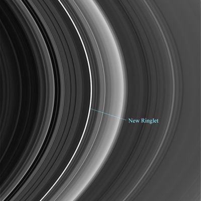 New "Ringlets" (2)
Caption NASA:"HR Cassini images show an astonishing level of structure in Saturn's Cassini Division, including two ringlets that were not seen in NASA Voyager spacecraft images 25 years ago. 

This view was taken with the Sun almost directly behind Saturn and its Rings, a viewing geometry in which microscopic ring particles brighten substantially. The image shows the diffuse new ringlet in the Cassini Division as the brightest feature in that Region. 
This image was taken in visible light with the Cassini spacecraft narrow-angle camera on Sept. 15, 2006, at a distance of approx. 2,2 MKM (such as about 1,4 MMs) from Saturn. This view looks toward the unlit side of the Rings from about 15° above the ringplane. The phase angle, or Sun-Saturn-spacecraft angle, was 179°. Image scale on the sky at the distance of Saturn is roughly 13 Km (such as about 8 miles) per pixel".
Parole chiave: Saturn's Rings