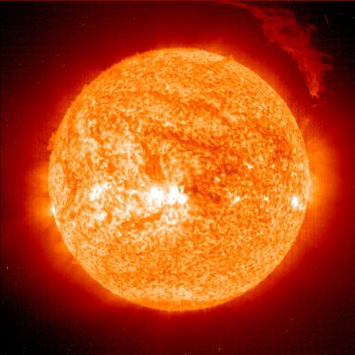 A "Solar Prominence" from Soho
Caption NASA originale:"A 'Solar Prominence' is a cloud of solar gas held above the Sun's surface by the Sun's magnetic field. The Earth would easily fit under the hovering curtain of hot gas (like the one pictured above). A quiescent prominence typically lasts about one month, and may erupt in a Coronal Mass Ejection (CME) expelling hot gas into the Solar System. Although somehow related to the Sun's changing magnetic field, the energy mechanism that creates and sustains a Solar Prominence is still a mistery". 
Parole chiave: Sunflares
