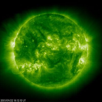 The Sun
Caption NASA originale:"The ultraviolet light emitted by eleven times ionized iron at temperatures over 2 million degrees Farenheit was used to record the above picture of the Sun on September 22, 2001, the date of that year's autumnal equinox. The image was made by the EIT camera onboard the SOHO spacecraft, a space observatory which can continuously observe the Sun. Eleven times ionized iron is atomic iron with eleven of its electrons stripped away. Here the electrons are stripped by the frantic collisions with other atoms and electrons which occur at the extreme temperatures in the Solar Corona. Since electrons are negatively charged, the resulting ionized iron atom is highly positively charged. Astronomer's "shorthand" for eleven times ionized iron is written "Fe XII", the chemical symbol for iron followed by a Roman numeral 12 (Fe I is neutral iron)".
Parole chiave: The Sun
