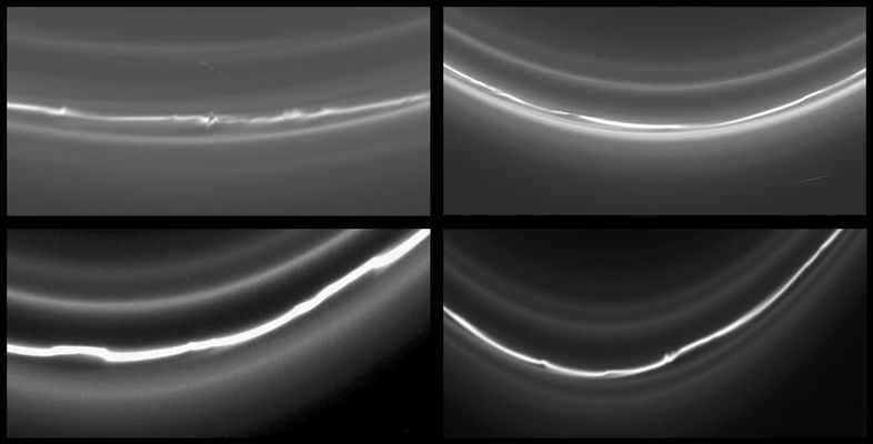 Four versions of the "F-Ring"
Caption NASA originale:"This montage of 4 images of Saturn's knotted F-Ring shows different locations around the Ring itself. Even though all the images were taken within a few hours of each other, there is remarkable variation in the structure of the F-Ring at these four locations. 
For example, the number of ring strands differs from image to image and in some images, kinks are clearly visible in the F-Ring, while other regions appear more smooth. 
Astronomers believe that the structure of Saturn's F-Ring is governed by its shepherding moons, Prometheus and Pandora. The F-Ring's appearance is expected to vary depending on how recently a ring section has encountered each moon and how close the moon came to the ring".

Nota: nel primo quadro (in alto a Sx) c'è qualcosa, posto proprio al di sopra del 'nodo' centrale visibile sull'intreccio più luminoso dell'Anello F, che sembra un 'filamento' o, comunque, un oggetto estraneo all'Anello F stesso, ma reale (NON crediamo che sia un photo-artifact). Cos'è?
Parole chiave: Saturn's Rings - The F-Ring