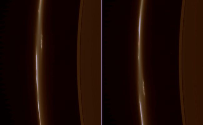 What's inside the F-Ring?!?
Caption NASA:"These 2 images, taken about 8' apart, show clump-like structures and a great deal of dust in Saturn's ever-changing F-Ring. The images show an object-interior to and detached from the bright core of the F-Ring that appears to be breaking up into discrete clumps. 
Cassini scientists have been monitoring clumps in the F-Ring for more than 2 years now, trying to understand whether these represent small permanent moonlets or transient aggregates of material. This view looks toward the unlit side of the Rings from about 35° above the Ring-Plane. 

The images were taken in visible light with the Cassini spacecraft narrow-angle camera on Dec. 23, 2006 at a distance of approx. 2 MKM (about 1,2 MMs) from Saturn. Image scale is roughly 12 Km (about 7 miles) per pixel". 
Parole chiave: Saturn's Rings - The "F" Ring