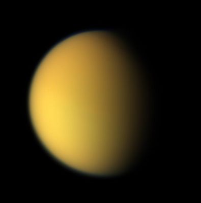 Titan in three different wavelenghts: the natural Titan (2)
Caption NASA originale:"This natural color composite was taken during the Cassini spacecraft's April 16, 2005, flyby of Titan. It is a combination of images taken through three filters that are sensitive to red, green and violet light. 
It shows approximately what Titan would look like to the human eye: a hazy orange globe surrounded by a tenuous, bluish haze. The orange color is due to the hydrocarbon particles which make up Titan's atmospheric haze. This obscuring haze was particularly frustrating for planetary scientists following the NASA Voyager 1 and 2 mission encounters in 1980-81. Fortunately, Cassini is able to pierce Titan's veil at infrared wavelengths (see also PIA06228). North on Titan is up and tilted 30° to the right".

Parole chiave: Saturn's Moons - Titan
