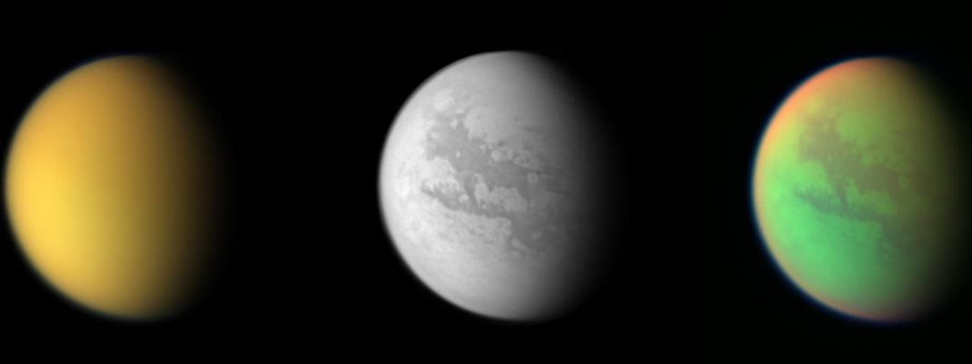 Titan in three different wavelenghts: is it always Titan?
Caption NASA originale:"All of these images were taken with the Cassini spacecraft wide angle camera on April 16, 2005, at distances ranging from approximately 173.000 to 168.200 Km (such as approx. 107.500 to 104.500 miles) from Titan and from a Sun-Titan-spacecraft angle of 56°. 
Resolution in the images approximately 10 Km per pixel".
Parole chiave: Saturn's Moons - Titan
