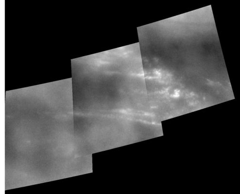 Titan: Mid-Latitude Clouds
Caption NASA originale:"The Clouds seen here are at about 38° South Latitude on Titan. The Clouds across the middle of the frame extend about 250 Km (approx. 155 miles). The image scale is about 0,6 Km (approx. 0,4 miles) per pixel". 
Parole chiave: Titan's clouds