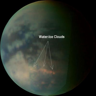 The "White Clouds" of Titan
Caption NASA originale:"This image depicts Saturn's moon Titan as seen by the Visual and Infrared Mapping Spectrometer (VIMS) after the closest approach of July 22, 2006 (fly-by n. 16). 
The image was generated using the 5 micron wavelength for red, the 2 micron wavelength for green and the 1,2 micron wavelength for blue. The clouds are of the same type seen previously and reported in the journal "Science". 
The image shows the clouds spreading out along the 40° South Latitude line. 

This image was taken from a distance of about 160.000 Km (roughly 99.000 miles) from Titan".
Parole chiave: Saturn's Moons - Titan