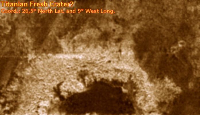 Fresh Crater on Titan?
Caption NASA:"This radar image of Titan shows a semi-circular feature that may be part of an impact crater. Very few impact craters have been seen on Titan so far, implying that the surface is young. Each new crater identified on Titan helps scientists to constrain the age of the surface. 
Taken by Cassini's radar mapper on Jan. 13, 2007, during a flyby of Titan, the image swath revealed what appeared to be the northernmost half of an impact crater. This crater is roughly 180 Km (about 110 miles) wide. Only three impact craters have been identified on Titan and several others, like this one, are likely to also have been caused by impact. The bright material is interpreted to be part of the crater's ejecta blanket, and is likely topographically higher than the surrounding plains. The inner part of the crater is dark, and may represent smooth deposits that have covered the inside of the crater. 

This image was taken in synthetic aperture mode and has a resolution of approx. 350 mt (1150 feet). North is toward the top left corner of the image, which is approx. 240 Km (about 150 miles) wide by 140 Km (90 miles) high. The image is centered at about 26,5° North and 9° West".
Parole chiave: Saturn's Moons - Titan
