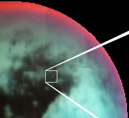 Cryovolcanism on Titan? (1)
Da "NASA - Picture of the Day" del 10 Giugno 2005:" Investigators suspect the newly discovered domed feature detailed in the next frame is an ice volcano, or cryovolcano, seen in infrared light (...). Since Titan's surface temperature is around -180° C, 'lava' welling up to form the volcanic mound would be icy indeed - possibly a slurry of methane, ammonia and water ice combined with other ices and hydrocarbons. The circular feature is roughly 30 Km in diameter. If its volcanic nature is confirmed, the discovery of cryovolcanism on Titan could explain the origin of methane in Titan's atmosphere".

A nostro parere quest'idea del fenomeno crio-vulcanico (e della 'lava di ghiaccio') su Titano è solo un'altra - orrenda - 'boutade' NASA la quale, pur di riuscire a NON staccare nemmeno un mattoncino dalla Cattedrale della Scienza Consolidata, si aggrappa - tentando di spiegare in maniera rassicurante le nuove ed incredibili fenomenologie che lo Spazio ci offre quasi ogni giorno - alle ipotesi più fantasiose. 
Parole chiave: Saturn's Moons - Titan - Controversial Image