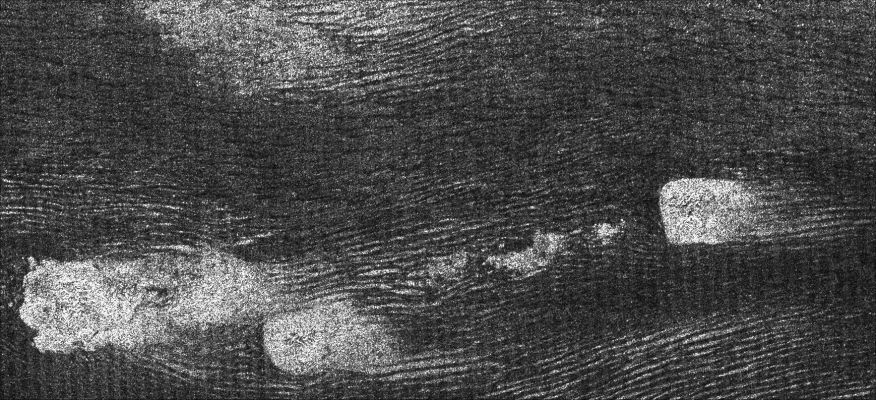 Longitudinal Dunes?
Caption NASA originale:"This image from Cassini's radar instrument was acquired by the Cassini radar instrument in synthetic aperture mode during a Sept. 7, 2006, flyby of Titan. The image shows long, dark ridges similar to those seen in previous flybys. These are interpreted to be "Longitudinal Dunes". Dunes are mostly an equatorial phenomenon on Titan and the material forming them may be solid organic particles or ice coated with organic material. Spaced up to 3 Km(about 2 miles) apart, these dunes curve around bright features that may be high-standing topographic obstacles, in conformity with the wind patterns. 
The interaction between the 2 types of features is complex and not well understood, but clearly the topography and the dunes have influenced each other in other ways as well. 

This image is centered at 44° West Long., 8° North Lat. and covers approx. 160 by 325 Km (such as about 99 by 202 miles) on Titan's surface. The smallest details in this image are about 500 mt (approx. 550 yards) across".
Parole chiave: Saturn's Moons - Titan