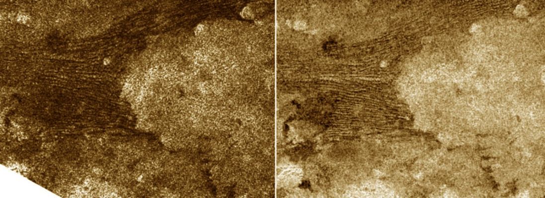 Titanian Dunes
Caption NASA:"This pair of images, taken by the Cassini spacecraft radar mapper on two different Titan passes on Dec. 11, 2006 (T21 left) and Oct. 29, 2005 (T8 right), represent two different views of a field of dunes located near 9,4° South Latitude by 290° West Longitude. 
The images were taken in synthetic aperture mode and have a resolution of approximately 500 mt(1.640 feet). North is toward the top of both images and each image is approx. 400 Km (250 miles) long by 275 Km (about 170 miles) wide. 
The images are different only because the radar instrument illuminated the dunes from different directions. Acting somewhat like a flash camera, the radar sends out microwave pulses and makes an image from the pulses after they are reflected back. Imagine that both the camera and the flash come from the left in the left image and from the top in the right image. 
Most obvious differences are seen in the large bright feature at the center of both images. At left, its left edge is brighter, emphasizing the more steep slopes there. Farther left, the dunes are more clearly defined in the right image as their faces are caught by the illumination. However, since the dunes are visible in both images, it is likely that the materials making up the dark and light stripes are also somehow different. More detailed studies of how materials on Titan reflect and scatter at different angles are giving us clues about what different materials might be present in this cold and distant world".
Parole chiave: Saturn's Moons - Titan