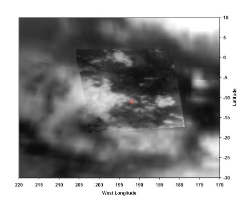 The "Landing Site": a new best estimate
Caption NASA originale:"A view of Titan from the visual and infrared mapping spectrometer instrument on the Cassini orbiter. The Huygens probe landed in the small red circle on the boundary of the bright and dark regions. The size of the circle shows the field of view of the Huygens Descent Imager/Spectral Radiometer (DISR) instrument from an altitude of 20 Km (about 12 miles)". 
Parole chiave: Titan's surface