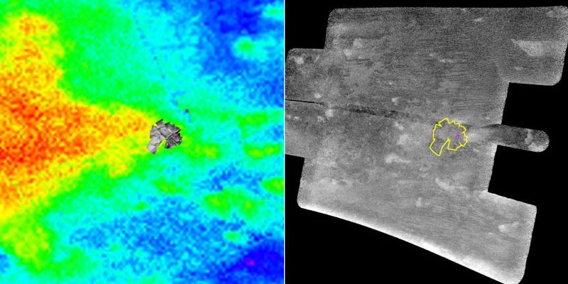 Huygens' Landing Site?
Original caption:"On the left, in color, is a composite of the Imaging Camera and Infrared Data (red areas are brighter and blue darker, as seen in infrared). On the right is the Synthetic Aperture Radar Image. The Huygens descent images are shown inset on the left image and outlined in yellow on the right. The magenta cross in both images shows the best estimate of the actual Huygens Landing Site. This is a preliminary result, based on the best information available at the present time. In the left image, the brighter areas seen by the Huygens camera correspond to the large area depicted in red and yellow. On closer inspection, bright features within the Huygens mosaic seem to correspond to smaller features in the map composed of data from the VIS and Imaging Camera. On the right, the correspondence is less clear. In radar images bright features are usually rougher, so one would not necessarily expect an obvious connection".
Parole chiave: Saturn's Moons - Titan