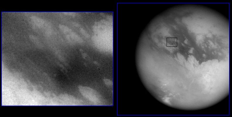 Huygens' probe landing site
Caption originale NASA (dal "Planetary Photojournal"):"Shown here are two images of the expected landing site of Cassini's Huygen's probe (latitude 10.6 S, longitude 191 W). At right is a wide-angle image showing most of Titan's disc, with a scale of 10 Km (6.2 miles) per pixel. At left is a narrow-angle image of the landing site at a scale of 0.83 Km (0.5 miles) per pixel (location shown by black box at right). North is tilted about 45 degrees from the top of both images. The surface has bright and dark markings with a streamlined pattern consistent with motion from a fluid, such as the atmosphere, moving from west to east (upper left to lower right). The image at left is 400 Km (249 miles) wide. Both images were taken by Cassini's imaging science subsystem through near-infrared filters". 
Parole chiave: Saturn's Moons - Titan