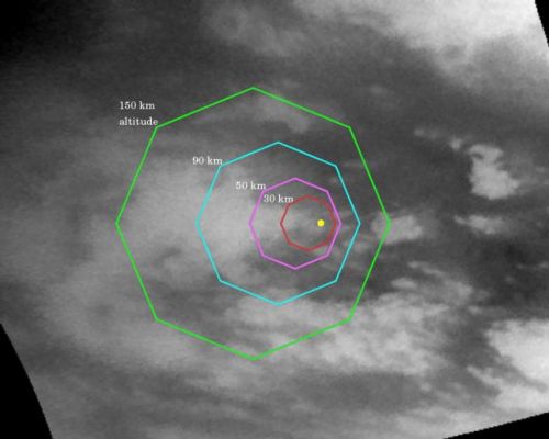 Huygens' descent map (1)
Caption NASA originale:"This map illustrates the planned imaging coverage for the Descent Imager/Spectral Radiometer (DISR), onboard the Huygens probe during the probe's descent toward Titan's surface on Jan. 14, 2005. The DISR is one of two NASA instruments on the probe. The colored lines delineate regions that will be imaged at different resolutions as the probe descends. On each map, the site where Huygens is predicted to land is marked with a yellow dot. This area is in a boundary between dark and bright regions. This map was made from the images taken by the Cassini spacecraft cameras on Oct. 26, 2004, at image scales of 4 to 6 Km per pixel. The images were obtained using a narrow band filter centered at 938 nanometers - a near-infrared wavelength (invisible to the human eye) at which light can penetrate Titan's atmosphere to reach the surface and return through the atmosphere to be detected by the camera. The images have been processed to enhance surface details".
Parole chiave: Titan's mosaic