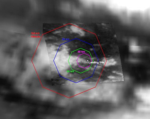 Huygens' descent map (3) 
The octagons indicate anticipated fields of view of panoramic mosaics of images taken by Huygens' descent imager and spectral radiometer instrument as the probe reaches certain altitudes during its descent. This map shows the footprints for mosaics to be assembled from 36 individual images at each altitude, with the field of view cut off at 75° from straight down although the actual images will extend all the way to the hazy horizon. Each mosaic made this way will be about 1.300 by 1.300 pixels. The largest octagon (in red) is about 1.120 Km across and represents the field of view for the mosaic of images taken at an altitude of 150 Km. From that height, individual pixels in the center of the image will be about 150 mts across, though haze between the ground and the camera at that height will likely degrade the resolution in those images. The location of the anticipated landing site is based on modeling of Titan's winds, and the actual landing site will be different if the actual winds experienced by Huygens during descent differ from this model. 

Parole chiave: Saturn's Moons - Titan