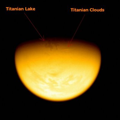 The Great Lake of Titan (False Colors; elab. Lunexit)
Caption NASA:"This view of Titan taken on Feb. 25, 2007, reveals a giant lake-like feature in Titan's North Polar Region. It is approximately 1100 Km (about 680 miles) long and has a surface area slightly smaller than that of Earth's largest lake, the Caspian Sea". 
Parole chiave: Titan