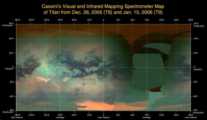 Global Titan Map (Visual + IMS)
This global infrared map of Titan was composed with data from Cassini's visual and infrared mapping spectrometer taken during the last two Titan flybys, on Dec. 26, 2005, and Jan. 15, 2006.

There are several important features to note in this Map:

1) the globe of Titan exhibits 2 major types of terrain: one is very bright, and a darker one seems to be concentrated near the Equator;
2) Titan has two very bright Regions: the large one known as Tui Reggio, located at approx. 25° South Lat. and 130° West Long., and the other as Hotei Arcus, at 20° South Lat. and 80° West Long. These regions are thought to be surface deposits, probably of volcanic origin, and may be water and/or carbon dioxide frozen from the volcanic vapor; the western margins of Tui Reggio have a complex flow-like structure consistent with eruptive phenomena;
3) the reddish feature at the South Pole is Titan's South Polar cloud system, which was very bright during the December flyby;
4) The Sinlap Crater is clearly visible at approx. 13° North Lat. and 16° West Long. The poorly resolved Regions between Longitudes of 30° and 150° East will be filled in during subsequent flybys. 
Parole chiave: Saturn's Moons - Titan