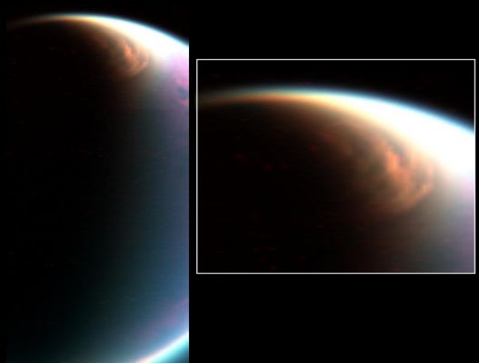 Strong turbulence over Titan's North Pole
Caption NASA:"Cassini's VIMS (Visual and Infrared Mapping Spectrometer) has imaged a huge cloud system covering the North Pole of Titan. 
This composite image shows the cloud, imaged at a distance of 90.000 Km (about 54.000 miles) during a Dec. 29, 2006, flyby designed to observe the limb of the moon. Cassini's VIMS scanned the limb, revealing this spectacular cloud system. 
It covers the North Pole down to a Latitude of 62° North and at all observed Longitudes. 

Such a cloud cover was expected, according to the atmospheric circulation models of Titan, but it had never been observed before with such details. The condensates may be the source of liquids that fill the lakes recently discovered by the radar instrument. 

This image was color-coded, with blue, green and red at 2, 2,7 and 5 microns, respectively".
Parole chiave: Saturn's Moons - Titan