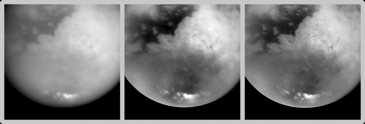 Titan's fly-by "A"
Caption originale tratta dal Sito "Cassini-Huygens": "These 3 pictures were created from a sequence of images acquired by Cassini's imaging science subsystem on Oct. 25, 2004, 38 hours before its closest approach to Titan. (...) The processed images reveal sharp boundaries between dark and light regions on the surface; there are no shadows produced by topography in these images. The bright area on the center right is Xanadu, a region that has been observed previously from Earth and by Cassini. To the west of Xanadu lies an area of dark material that completely surrounds brighter features in some places. Narrow linear features, both dark and bright, can also be seen. It is not clear what geologic processes created these features, although it seems clear that the surface is being shaped by more than impact craters alone". 
Parole chiave: Saturn's Moons - Titan