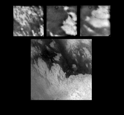Titan: the anomalous "circular" surface features are "camera artifacts"
Caption NASA originale from Planetary Photojournal:"The large, bottom image shows a complex interplay between dark and bright material on Titan's surface. This image was taken at a range of about 340.000 Km and the entire view is approximately 2.000 Km across. The surface appears to have been shaped by multiple geologic processes. Although a few "circular features" can be seen, there are no features that can be definitively identified as impact craters. The 3 smaller images show details of some of the features seen within the larger scene. The image on the upper right shows a scene approximately 500 Km across in which bright and dark bands of material span Et to Wt. The upper middle and upper right images show bright material surrounded by dark material in scenes approximately 300 Km across. The dark circular feature that appears at the top of each of the upper images is an artifact that was not removed by the preliminary image processing. There are no shadows or topographic shading visible in these images".
Parole chiave: Saturn's Moons - Titan