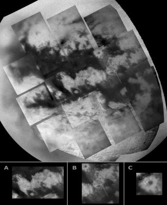 The Eastern Region of Titan
(...) Best view to date of the Region east of Xanadu Regio. This mosaic (...) reveals new detail of dark expanses and the surrounding brighter terrain. Some of the features seen here are reminiscent of those seen elsewhere on Titan, but the images also reveal new features. In the center of the image (fig. A) lies a bright area completely surrounded by darker material. The northern boundary of the bright "island" is relatively sharp and has a jagged profile, resembling the now-familiar boundary on the western side of XanadU. The profile of the southern boundary is similar. Streamers of bright material extend southeastward into the dark terrain. At the eastern end of the bright "island" lies a region with complex interconnected dark and bright regions (see fig. B). To the south, the bright terrain is cut by fairly straight dark lines. Their linearity and apparently angular intersections suggest a tectonic influence, similar to features in seen in the bright terrain west of Xanadu. Toward the northeastern edge of the dark material a dark, circular spot in the middle of a bright feature (see figure C) is an approximately 80-kilometer-wide (50-mile) crater identified in the February 2005 radar data (see PIA07368 for the radar image).
Parole chiave: Saturn's Moons - Titan