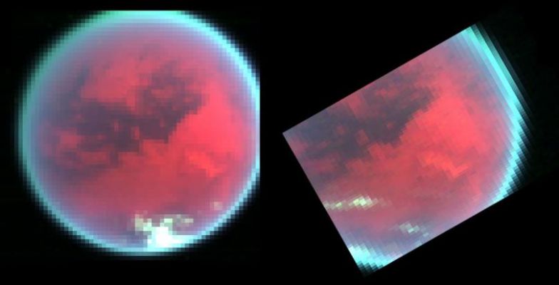Does Titan have a so-called "weather-pattern"?
In the first image (left), obtained on the 1st Titan flyby, from a distance of 200.000 Km, Titan's skies are cloud-free, except for a patch of clouds observed over the South Pole near the bottom of the image. In contrast, the image on the right shows a recent view of this same area of Titan obtained 7 weeks later on the 2nd close Titan flyby, from a distance of 225.000 Km. This image clearly shows that several extensive patches of clouds have formed over temperate latitudes. The appearance of these clouds reveals the existence of weather. Tracking these features is currently underway by scientists, who hope to gain a better understanding of global circulation, regional weather patterns and localized meteorology in Titan's skies. The red color images the surface at a wavelength (2.01 micron) where the surface is relatively bright, making the surface appear reddish in these color images. The green color (2.83 micron) images the surface as well, but due to enhanced absorption of sunlight by the surface and lower atmosphere, the surface is relatively dark here compared to the red. The blue color (2.13 micron) is at a wavelength where sunlight cannot reach the surface at all due to strong absorption by the atmospheric gas methane. In contrast to the reddish surface, bright clouds at a relatively high altitude (here, about 30 kilometers (19 miles) above the ground) residing above most of the atmospheric absorption appear whitish in these representations, as they reflect sunlight effectively in all three near-infrared colors. 

Parole chiave: Titan's weather