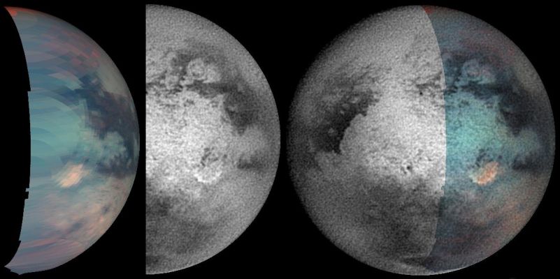 A bright Red Spot on Titan (1)
The recently discovered infrared-bright spot on Titan is the type of enigmatic feature that is best investigated by putting together as many different types of complementary information as possible. This montage shows the spot in infrared wavelengths from the visual and infrared mapping spectrometer on the left, from the imaging science subsystem in the center and a combination of both data sets on the right. When put together, the 2 different views show more than either does separately. The visual and infrared spectrometer team noted the bright region in the image on the left after March 31, 2004, Cassini's-Titan encounter. The strange, bright feature to the southeast of Xanadu was flagged as unusual and informally dubbed "The Smile" by imaging team members in December 2004. It seems clear that both instruments are detecting the same basic feature on Titan's surface. This bright patch may be due to an impact event, landslide, cryovolcanism, or atmospheric processes. Its distinct color and brightness suggest that it may have formed relatively recently".
Parole chiave: Saturn's Moons - Titan