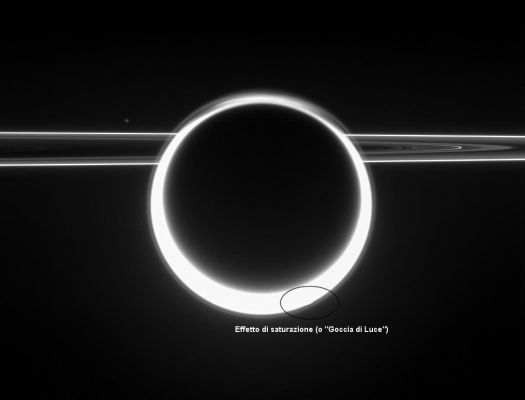 In the lights: Titan, Janus and the Rings...
Caption NASA:"Dazzling Titan glows with a 360° Sunset as light scatters through its very extended atmosphere. Some structure is visible in the hazes of the Northern Polar Hood. 
To the left is Janus (181 Km, or 113 miles across), far off on the opposite side of the Ring-Plane. The Rings show their unlit side to Cassini, as the spacecraft viewed them from slightly above the ringplane. 
A world with strikingly Earth-like physical processes, frigid Titan is Saturn's largest natural satellite, at 5.150 Km (about 3.200 miles) across. Titan's image is saturated (cosiddetto "effetto goccia di luce") at the 5 o'clock position. 

The view was acquired in visible light with the Cassini spacecraft narrow-angle camera on June 2, 2006 at a distance of approx. 2,3 MKM (such as about 1,5 MMs) from Titan and at a Sun-Titan-spacecraft, or phase, angle of 163°. Cassini was 3,7 MKM (about 2,3 MMs) from Janus. Image scale is roughly 14 Km (about 9 miles) per pixel on Titan and approx. 22 Km (about 14 miles) on Janus".
Parole chiave: Saturn's Moons - Janus and Titan