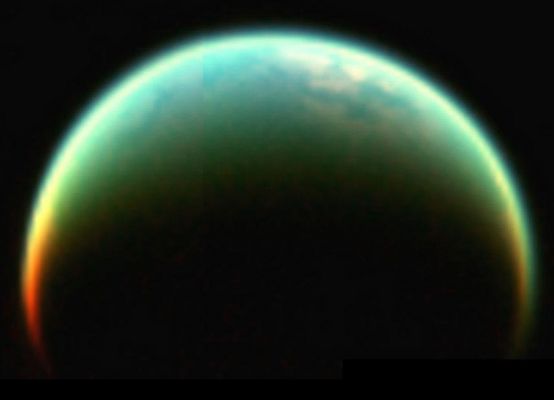 Crescent Titan (HR)
Caption NASA originale:"This composite image, composed of two images taken with Cassini's Visual and Infrared Mapping Spectrometer (VIMS), shows a crescent view of Saturn's moon Titan. 
The data were obtained during a flyby on July 22, 2006, at a distance of 15.700 Km (about 9.700 miles) from Titan. The image was constructed from images taken at wavelengths of 1,26 microns (blue), 2 microns (green) and 5 microns (red)".
Parole chiave: Postcard from Titan