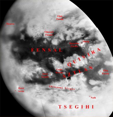 The "New World": Fensal Region and more
Original caption:"Like an ancient mariner charting the coastline of an unexplored wilderness, Cassini's repeated encounters with Titan are turning a mysterious world into a more familiar place. 
During a Titan flyby on Sept. 7, 2005, the spacecraft's narrow-angle camera acquired multiple images that were combined to create the mosaic presented here. Provisional names applied to Titan's features are shown.
The image shows more than half of Titan's Saturn-facing hemisphere at moderate resolution, including the Fensal-Aztlan region, formerly known as "the H." This view is centered at 6,5° North Lat. and 20,6° West Long. and has a pixel scale of approx. 2 Km (about 1 mile) per pixel. 
It is an orthographic projection, rotated so that North on Titan is up. 
This view is composed of 20 images obtained on Sept. 7, 2005, each processed to enhance surface detail". 
Parole chiave: Saturn's Moons - Titan