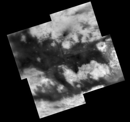 Fensal and Aztlan Region on Titan
During its Sept. 7, 2005, flyby of Titan, Cassini acquired images of territory on the moon's Saturn-facing hemisphere that were assembled to create this mosaic. Once known only as "The H" because the Region looks something like the letter on its side, features in this Region now possess provisional names. The Northern Branch of the H is now called Fensal, while the Southern Branch is known as Aztlan.
Fensal is littered with small "islands" ranging in size from 5 to 40 Km  across. These landforms currently are thought to be water ice upland areas, surrounded by shallower terrain that is filled-in with dark particulate material from the atmosphere. A few larger islands are also seen, like Bazaruto Facula (near right, containing a dark crater) and several islands in Western Fensal. When viewed in images of Shangri-La (on the other side of Titan), island-like landforms of this size tend to occur in clusters with apparent preferred orientations. The small islands in Fensal appear much more scattered (and most appear roughly circular), although a few islands do have an east-west orientation to their long axis. 

Aztlan, on the other hand, appears comparatively devoid of small islands, with three large islands in its western reaches, plus only a few smaller islands. The largest of these islands is called "Sotra Facula" (just right of center in the bottom left mosaic frame), and measures 240 by 120 kilometers (149 to 75 miles) across.

Parole chiave: Saturn's Moons - Titan