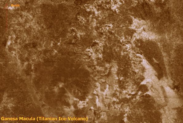 Ganesa Macula
Caption NASA:"This radar image of Titan shows Ganesa Macula, interpreted as a cryovolcano (ice volcano), and its surroundings. Cryovolcanism is thought to have been an important process on Titan and may still be happening today. 
This mosaic was made from images obtained by the Cassini radar mapper on two flybys. The lower part of the image was from the flyby on Oct. 26, 2005, while the upper part was from the Jan. 13, 2007, flyby. 
Ganesa macula is the dark circular feature seen on the lower left of the mosaic. 
Bright rounded features, interpreted as cryovolcanic flows, are seen towards the top and the right of the mosaic. 

This image mosaic was taken in synthetic aperture mode. The resolution of the images is approx. 350 mt (1150 feet). North is toward the top. The image mosaic is about 570 Km (about 354 miles) wide and 390 Km (about 240 miles) high".
Parole chiave: Saturn's Moons - Titan